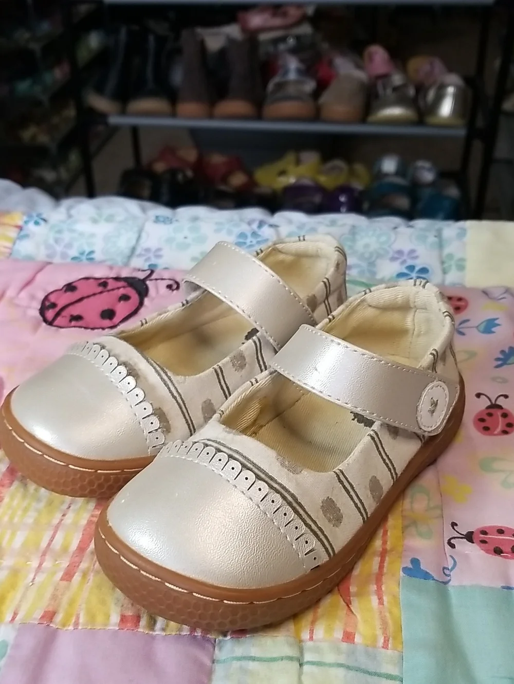 Livie & Luca Cream Metallic Mary Jane Shoes with Strap Size 7
